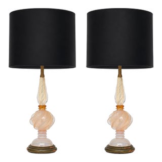 Pair Archimede Seguso for Marbro Lamp Co. Opalescent Twisted Murano Glass Table Lamps 1960s For Sale