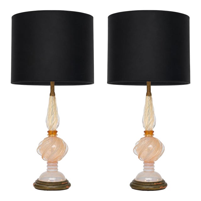 Pair Archimede Seguso for Marbro Lamp Co. Opalescent Twisted Murano Glass Table Lamps 1960s For Sale