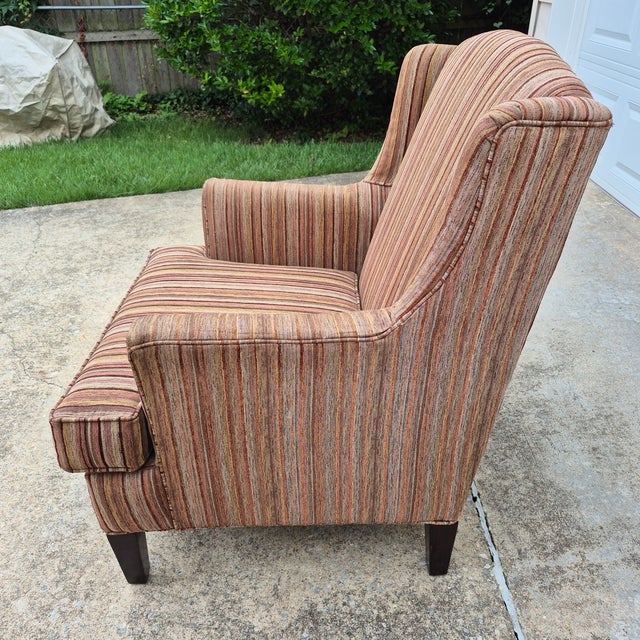 2010 Stratford Caye Transitional Striped Cocoa Brown Wingback Arm Chair For Sale In Washington DC - Image 6 of 13