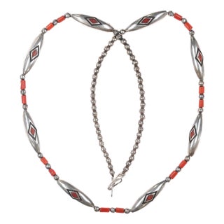 28" Amazing Native American flush inlay coral sterling beaded necklace For Sale