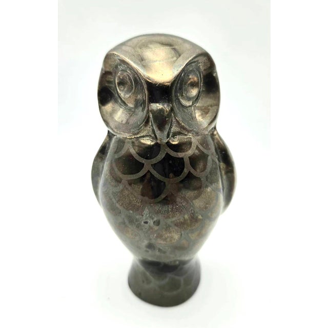 Offered is a mid 20th Century stylized patinated brass perched owl paperweight with circular ringed eyes, a distinct beak,...