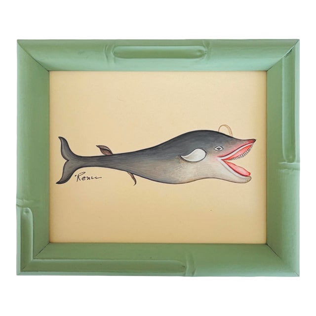Original Hand-Painted Baby Whale Painting in a Hand-Painted Frame For Sale