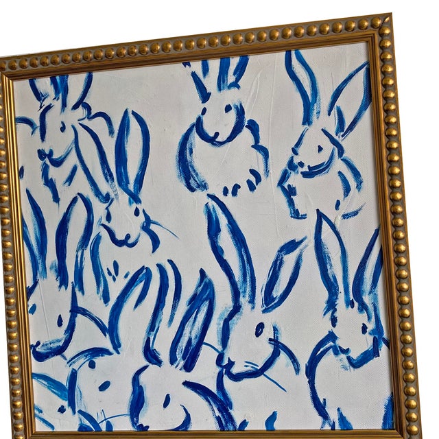 Blue Bunny Painting Framed | Chinoiserie Rabbit Art | Acrylic on Canvas | Gold Gilded Frame | Preppy Wall Decor 13x13 For Sale - Image 4 of 6