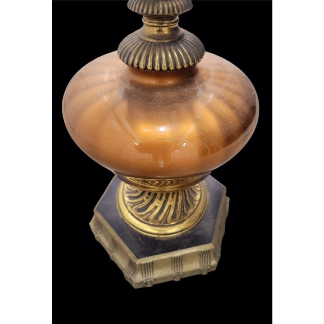 Vintage Hollywood Regency Tall Glass Top Amber Brass Palm Leaf Black Side Table Floor Lamp For Sale In West Palm - Image 6 of 8