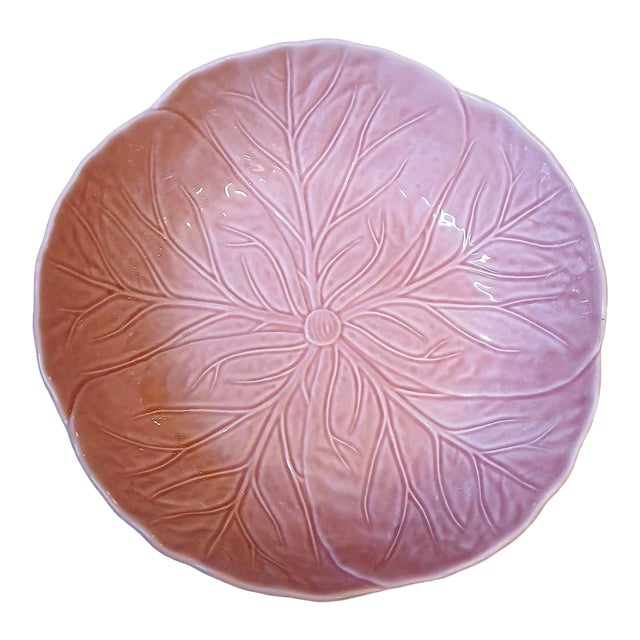 Vintage Bordallo Pinheiro Majolica Pink Cabbage Leaf 11" Serving Bowl For Sale