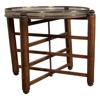 Vintage Wood Folding Tray Table Removable Serving Tray Brass Gallery For Sale