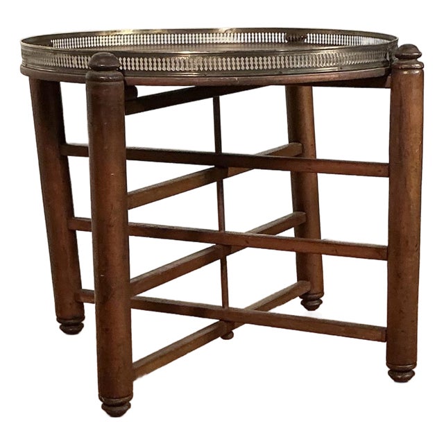 Vintage Wood Folding Tray Table Removable Serving Tray Brass Gallery For Sale