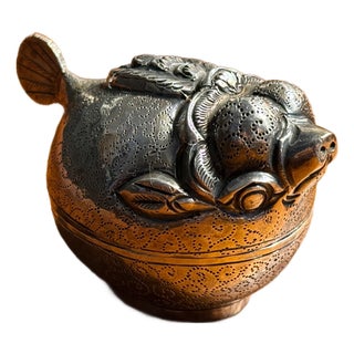 Vintage 900 Silver Cambodian Puffer Fish Repousse Lidded Trinket Box For Sale