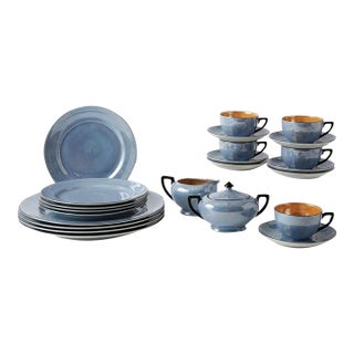 1930s Art Deco Victoria Czechoslovakia Powder Blue & Peach Lusterware Tea Service For Sale