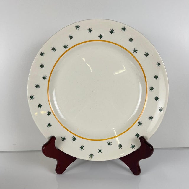 Set of 6 Gien dinner plates, Primefleur design, "Constellation" pattern, 1950 Green stars and orange rim on a white/cream...