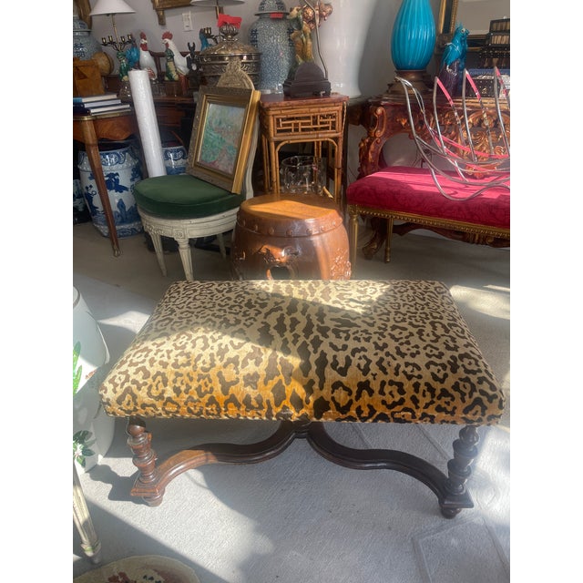 French Louis XIII Style Turned Wood Ottoman, Animal Print Velvet For Sale - Image 11 of 16