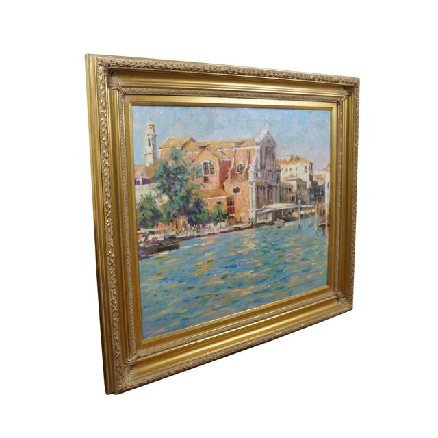 Late 20th century oil on canvas painting titled "Venice Reflections" by Leonard Wren. Impressionist cityscape showing a...