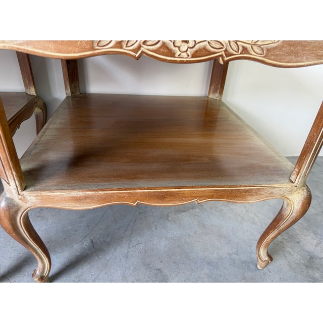 Vintage French Provincial Style Two Tier Marble Top End Tables – A Pair For Sale - Image 14 of 17