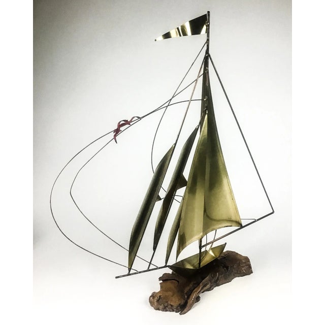 Nautical Vintage Brass Wood & Copper Artisan Sailboat Sculpture For Sale - Image 3 of 13