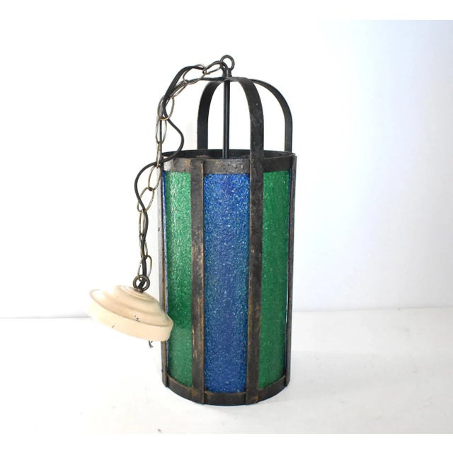 Mid-Century Wrought Iron Stained Glass Hanging Pendant Light For Sale - Image 4 of 8