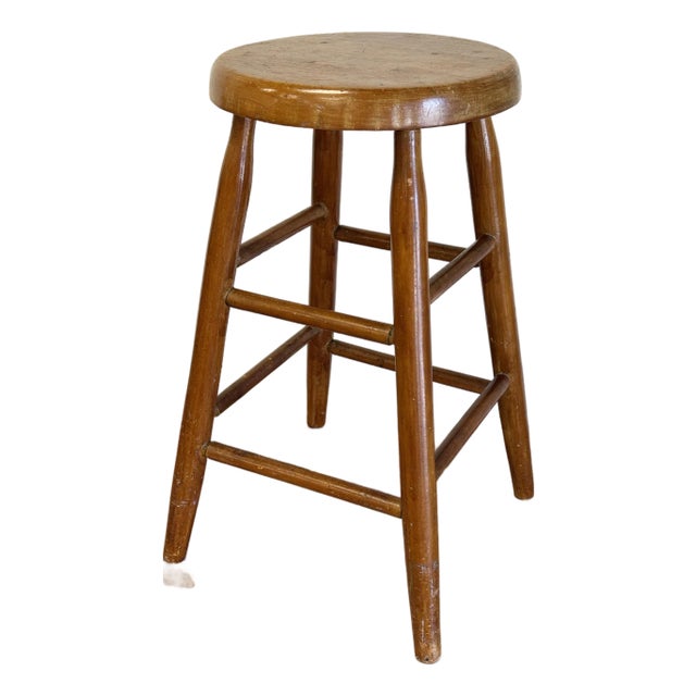 Vintage Handmade Wood Counter Stool For Sale