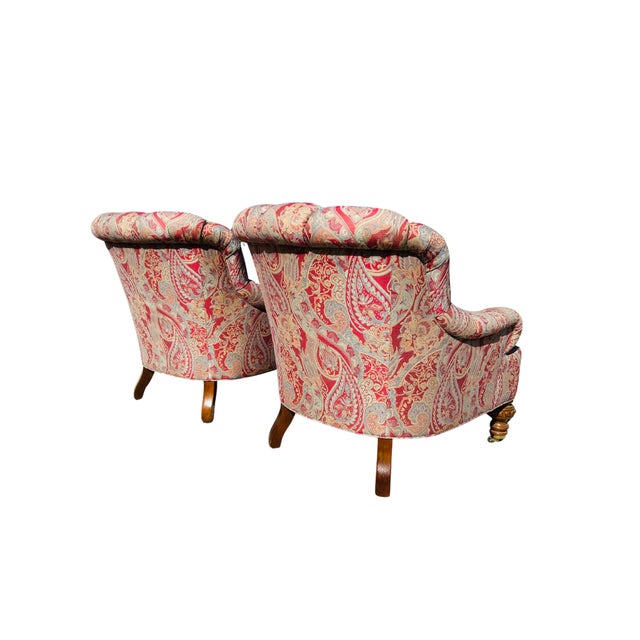 Late 20th C Baker Furniture Tufted Club Armchairs, George Smith Style Paisley Upholstery, Brass Casters – Pair For Sale - Image 13 of 18
