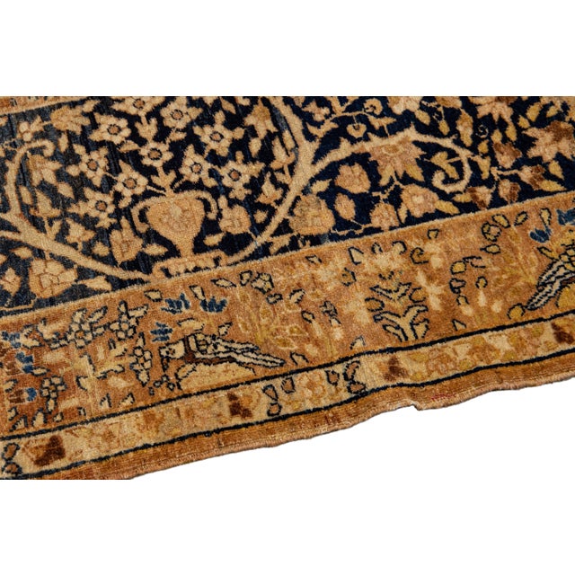 Antique Persian Kerman Handmade Allover Floral Blue and Tan Wool Rug For Sale In New York - Image 6 of 10