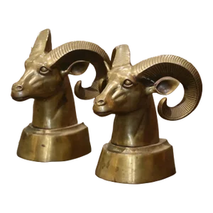 Pair of Vintage French Gilt Brass Ram Head Sculptures
