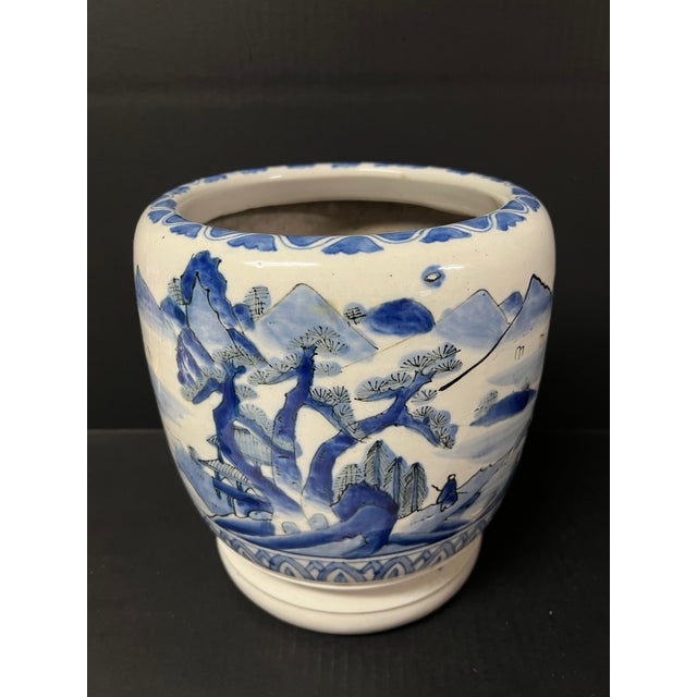Ceramic Late 20th Century Japanese Art Porcelain Blue and White Jardinier With Mountain Scenery Design For Sale - Image 7 of 12