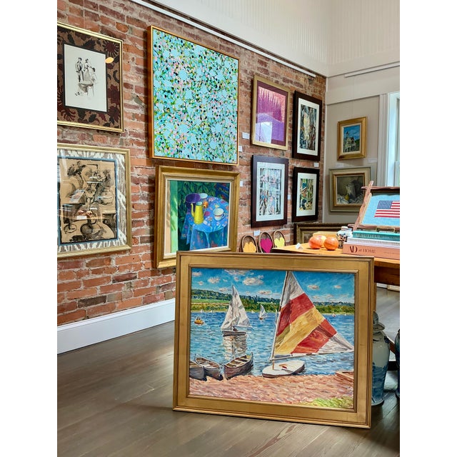 Coastal Late 20th Century Edmund Jordan Windy Day Sailboats Oil Painting Coastal Landscape in Gold Frame For Sale - Image 3 of 6
