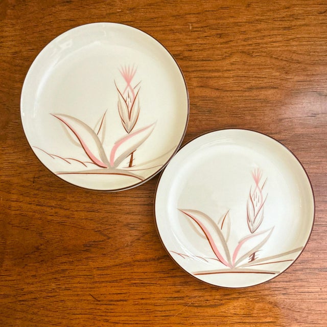 Gracefully hand painted with a simple dragon flower motif, these round salad plates with a raised edge are the epitome...