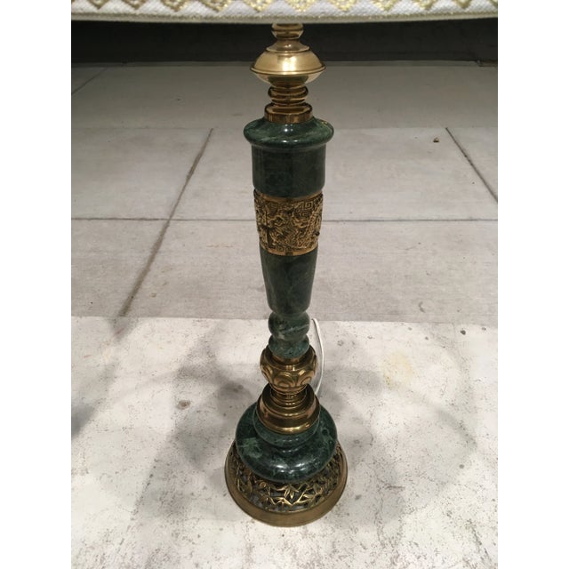 Pair of Japanese Bronze & Marble Column Table Lamps With Original Shades For Sale - Image 9 of 13