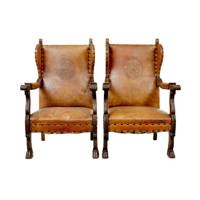 19th Century Oak and Embossed Leather Armchairs, Set of 2 For Sale - Image 11 of 11