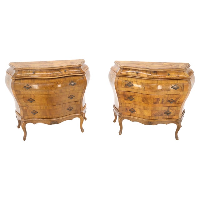 Pair of Italian Olive Burl Wood Patched Veneer Bombay Small Dresser Stands Table NICE!
