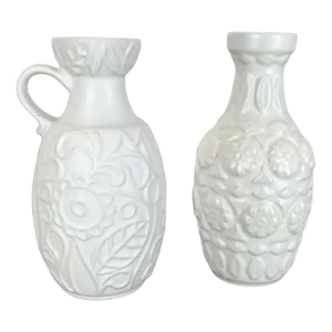 German White Floral Fat Lava Op Art Pottery Vase from BAY Ceramics, Set of 2