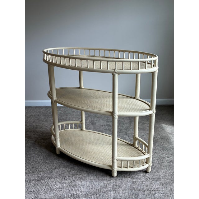 Late 20th Century Vintage McGuire Faux Bamboo 3 Tier Oval Bar Cart For Sale - Image 5 of 8