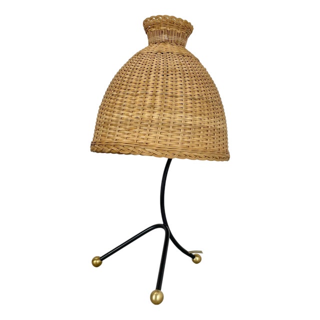 Vintage Austrian Metal and Rattan Tripod Table Light, 1960s For Sale