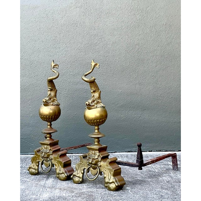 Vintage Brass Koi Andirons - A Pair For Sale - Image 10 of 12