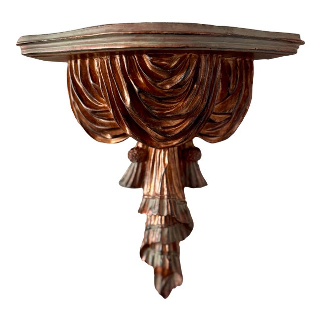 Large Vintage Decorative Wall Shelf With Carving of Drapes and Tassels For Sale