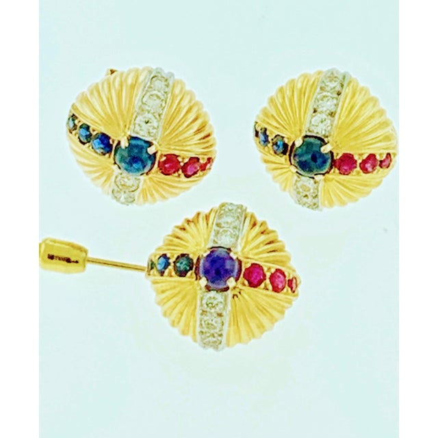 18 Karat Yellow Gold Ruby Sapphire and Diamond Earring and Stick Pin Set Estate For Sale - Image 4 of 8