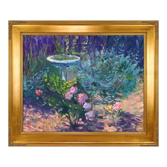 Vintage American Impressionist Landscape Painting With Roses and Bird Bath For Sale
