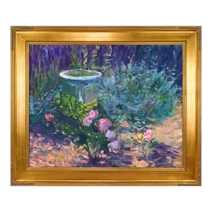 Vintage American Impressionist Landscape Painting With Roses and Bird Bath