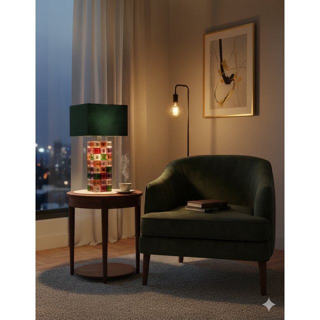 Table lamp with a cube base in multicolored pressed glass and stainless steel, attributed to Poliarte, Italy, 1970s. It...