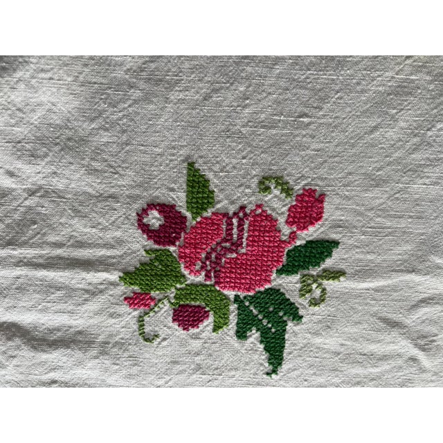 Textile Antique Finely Hand Embroidered Flowers Linen Tablecloth For Sale - Image 7 of 9