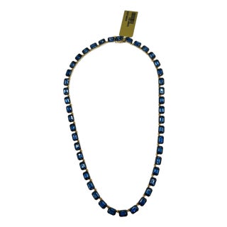 Sapphire Emerald Cut East West Necklace in Black Rhodium & 18k Yellow Gold For Sale