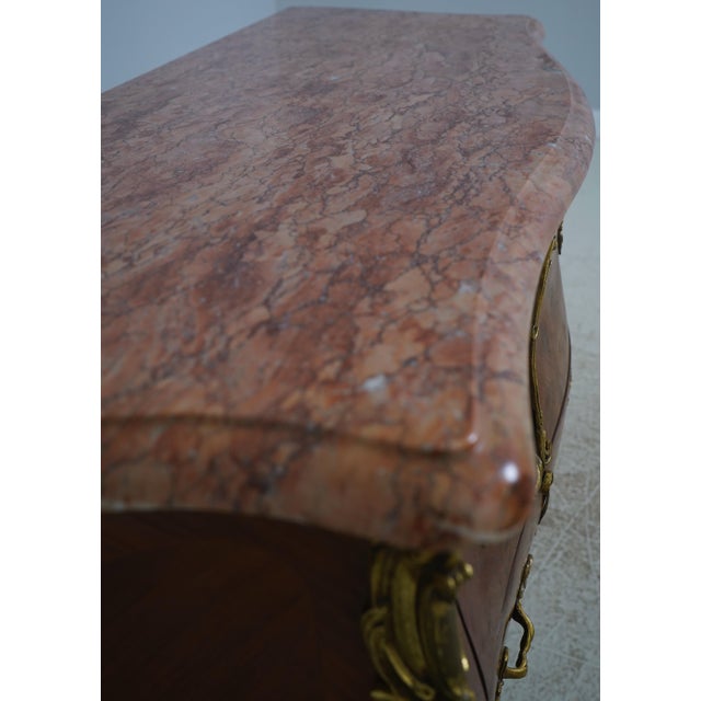 Vintage Louis XV Style Marquetry Bombe Marble Top Commode For Sale - Image 11 of 18