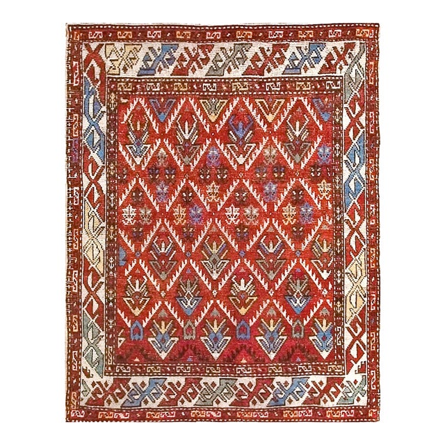 1900s Red Geometric Rustic Antique Kurdish Rug 3'6" X 4'6" Handknotted Wool Carpet For Sale