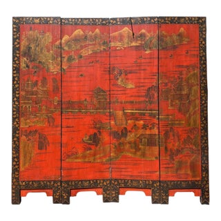 Chinoiserie 4 Panel Screen Red & Gold Lacquer & Black & Gold Border For Sale