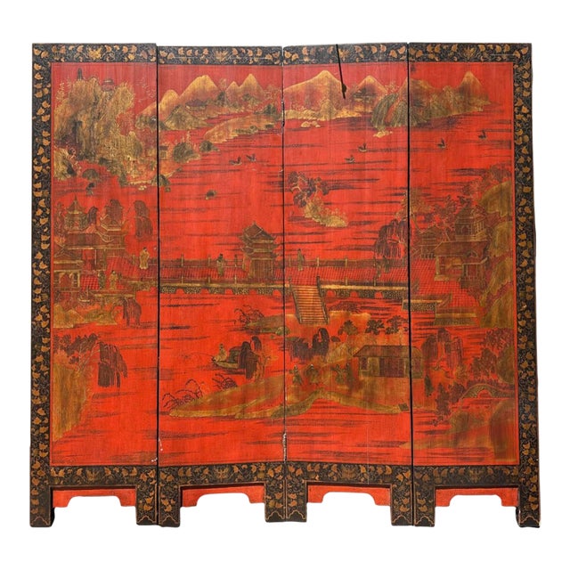 Chinoiserie 4 Panel Screen Red & Gold Lacquer & Black & Gold Border For Sale