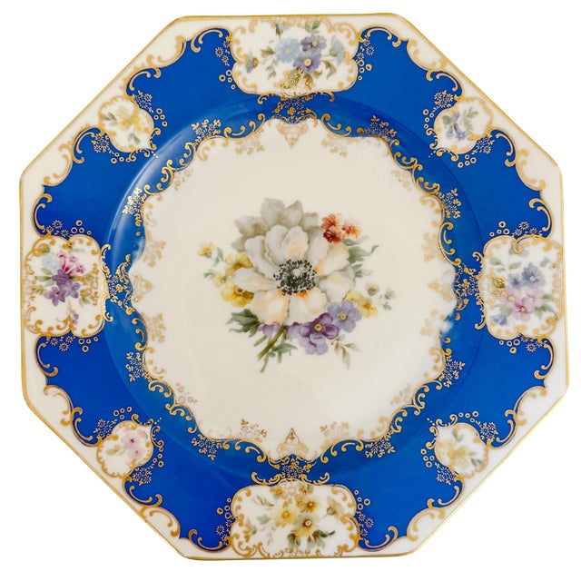 Victorian Antique Rosenthal Cobalt Blue & Gilt Octagonal Floral Dinner Plates - Set of 12 For Sale - Image 3 of 13