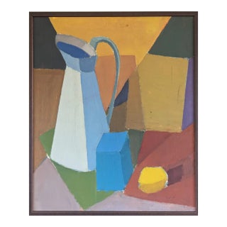 Mid-Century Modern 'Geometric Still Life' Swedish Original Geometric Abstract Still Life Oil Painting, Framed For Sale