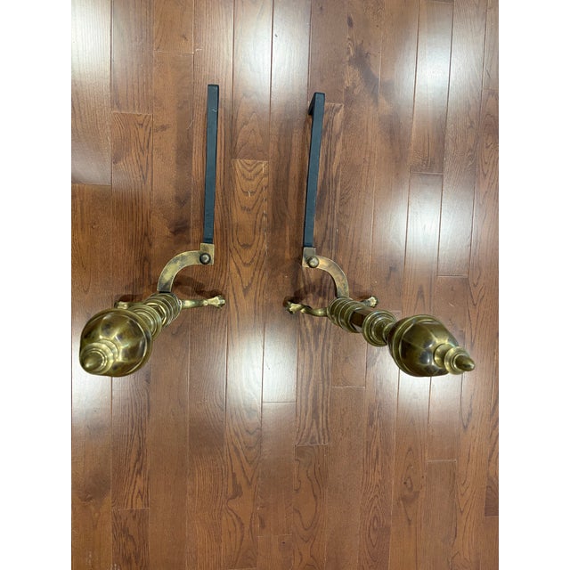 19th Century Antique American Brass and Cast Iron Fireplace Andirons W. Ball and Claw Feet For Sale - Image 4 of 12