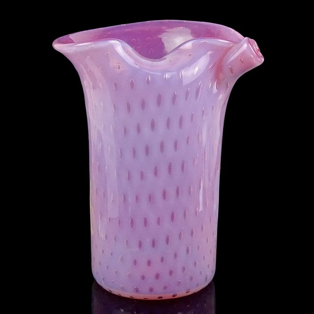 Mid-Century Modern Murano Fratelli Toso Opalescent Pink Bubbles Vintage Italian Art Glass Scroll Top Flower Vase With Label For Sale - Image 3 of 12