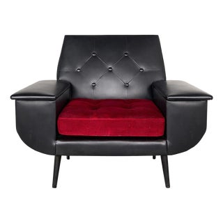 Mid-Century Modern Black Vinyl Chair with Red Seat Cushion, 1950s For Sale