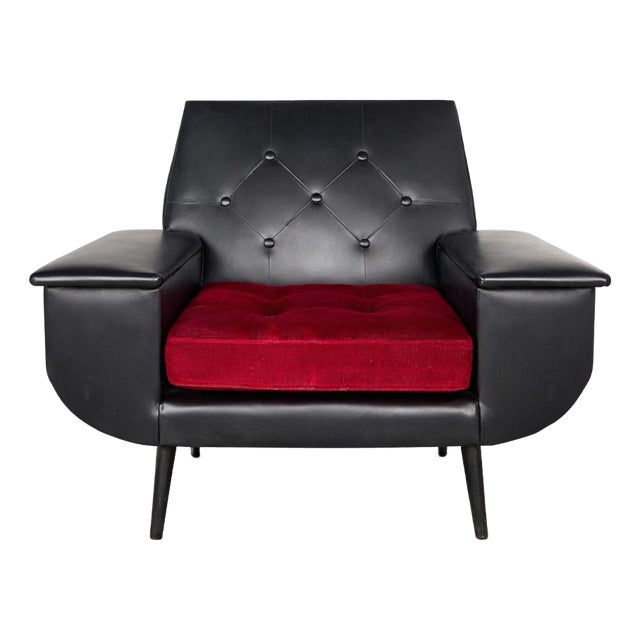 Mid-Century Modern Black Vinyl Chair with Red Seat Cushion, 1950s For Sale